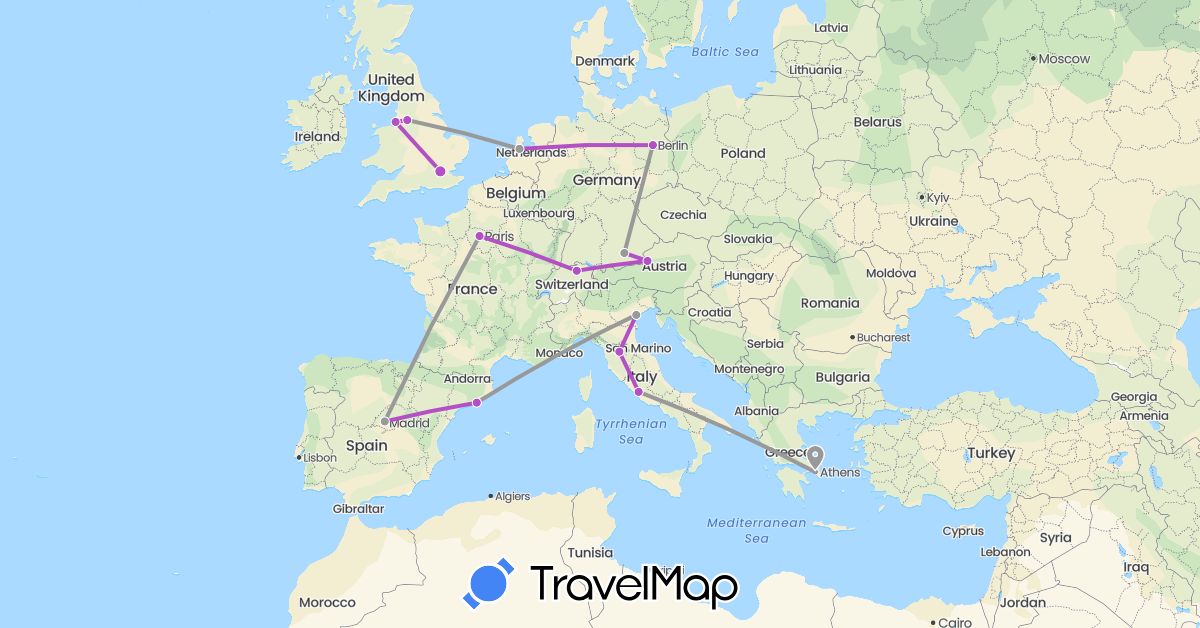 TravelMap itinerary: plane, train in Austria, Switzerland, Germany, Spain, France, United Kingdom, Greece, Italy, Netherlands (Europe)